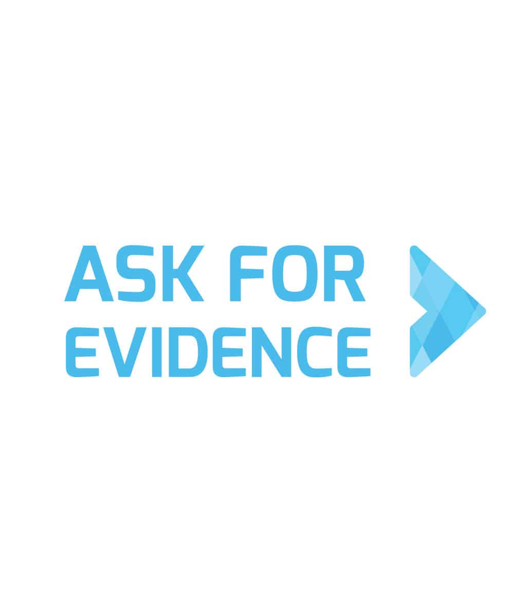 ask for evidence logo with a blue arrow after the name