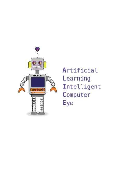 Image shows Alice the robot image with words written on Artificial Learning Intelligent Robot Eye