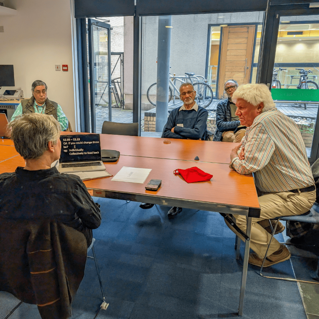 A small group of people sit around a table in a breakout discussion session. A laptop screen displays the session’s question: “If you could change three things?”. The group appears engaged in conversation.