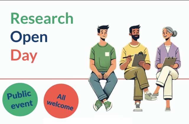 Illustration promoting a 'Research Open Day' event, featuring three diverse cartoon-style characters sitting on a bench—one in a green shirt, one in yellow, and one in lavender—each holding a clipboard. Bold, colorful text reads 'Research Open Day'. Circular labels below say 'Public event' and 'All welcome