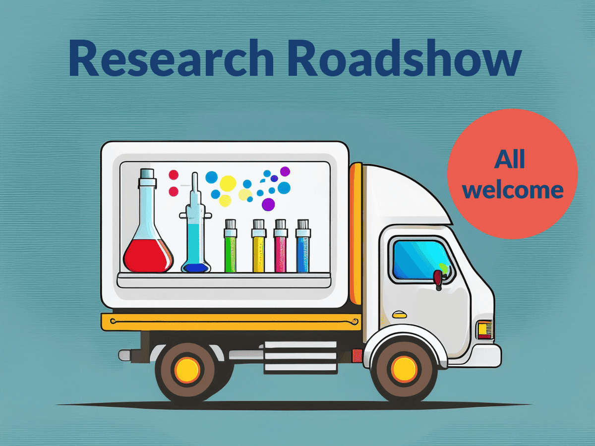 "Illustration of a white truck with scientific lab equipment on its side, including colorful test tubes and flasks. The text 'Research Roadshow' is at the top, and a red circle on the right says 'All welcome'."