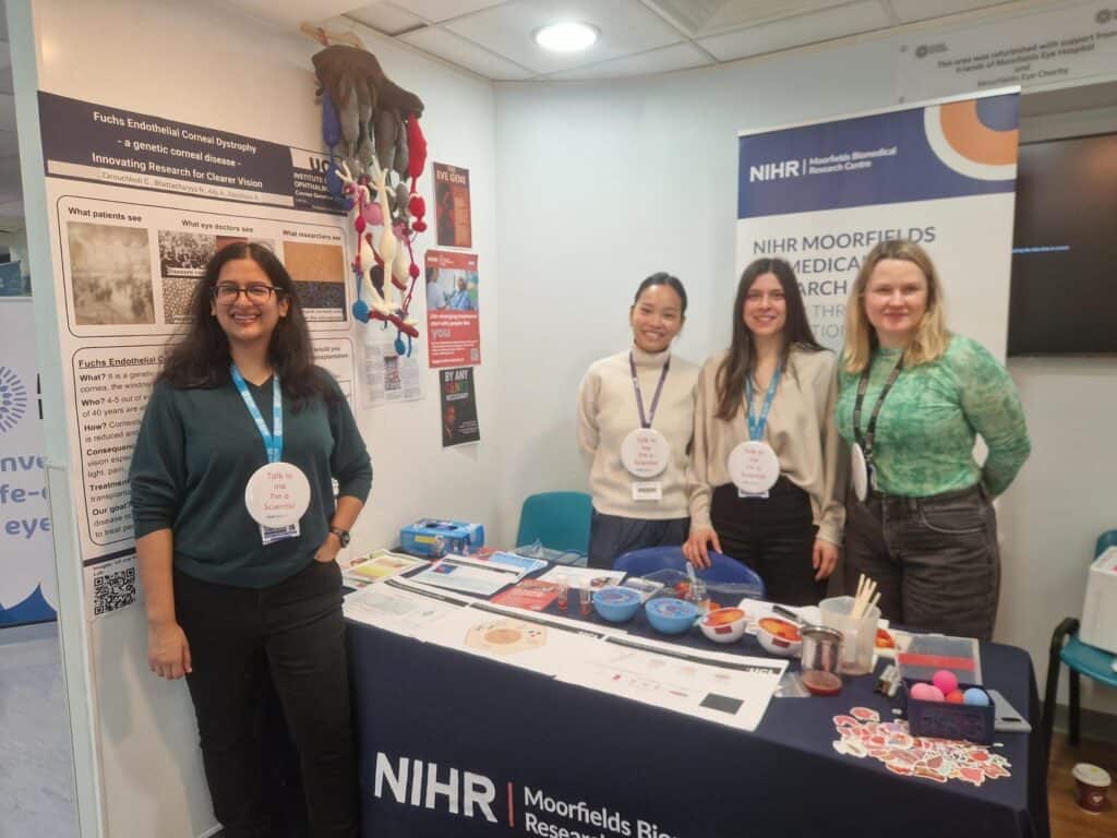 Image shows left to right Research Fellow Nihar Bhattacharyya, Amirah Ally, Research Fellow Christina Zarouchlioti and Professor of Molecular Genetics Alice Davidson. in a white space with scientific paraphernalia.