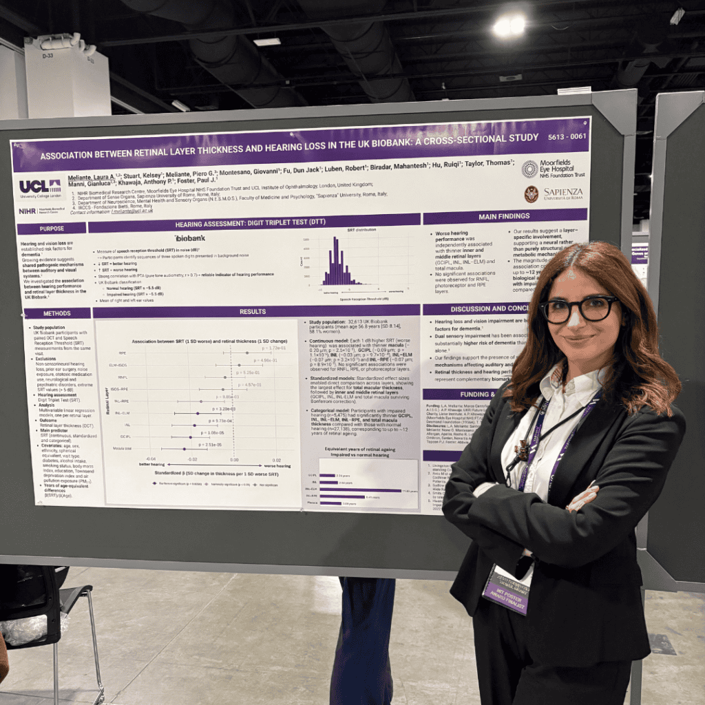 A scientific conference poster displayed on a grey board titled. An attendee stands beside the poster with arms crossed, wearing glasses and a conference badge. The poster includes sections with charts, graphs, and text describing methods and results. The setting appears to be a large exhibition hall with overhead lighting and other poster boards in the background.