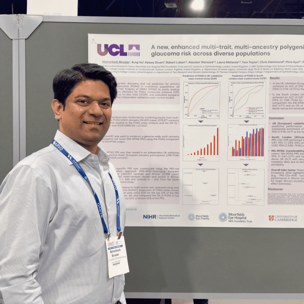 Person wearing a light blue shirt and conference badge stands beside a research poster on a display board at an indoor academic conference. The poster, branded with the UCL logo, presents a study on glaucoma risk across diverse populations and includes charts and graphs. The setting features overhead lighting, partition walls, and other attendees partially visible in the background.