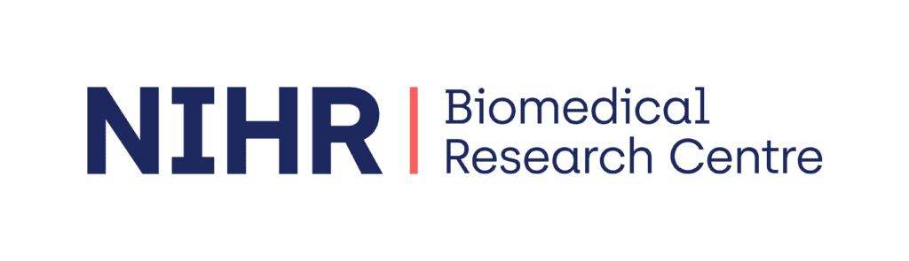 NIHR BIOMEDICAL RESEARCH CENTRE Logo including all the previous words in NAVY and a decorative bar in CORAL
