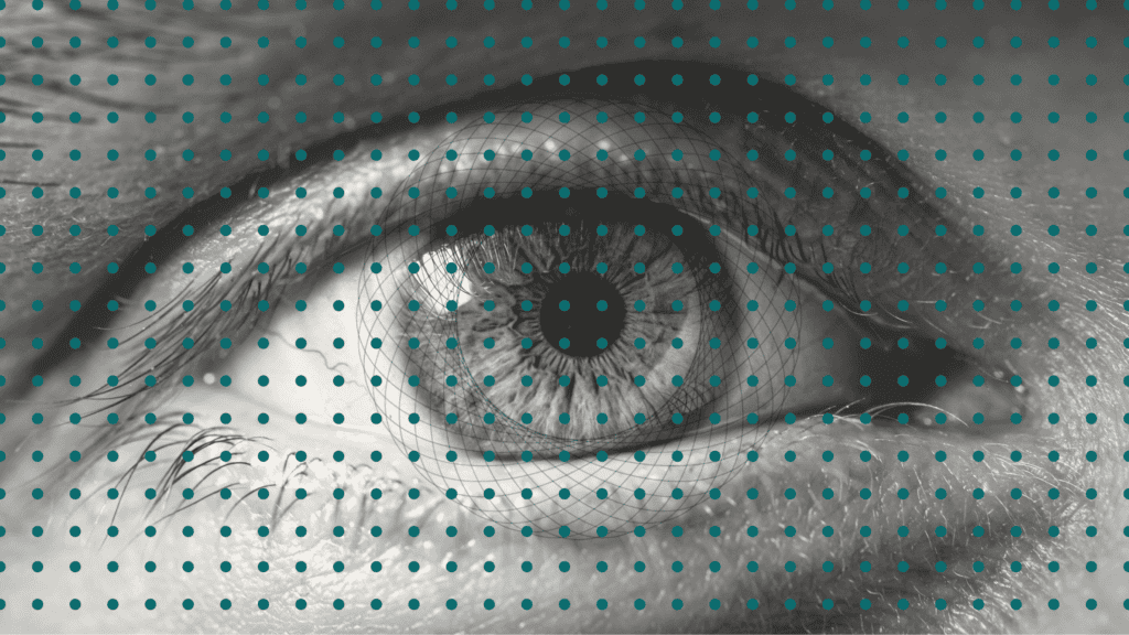 a human eye in greyscale with a graphical decorative overlay